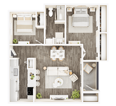 Floor plan for 2 beds, 1 bath, 847 sqft
